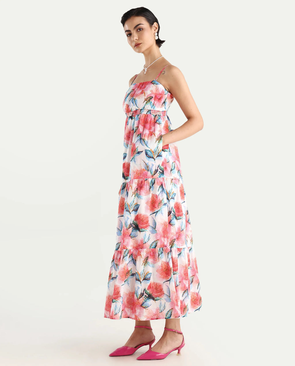 Rareism Women's Izabelle Multi Cotton Shoulder Strap Floral Print Shoulder Strap Maxi Fit And Flare Dress