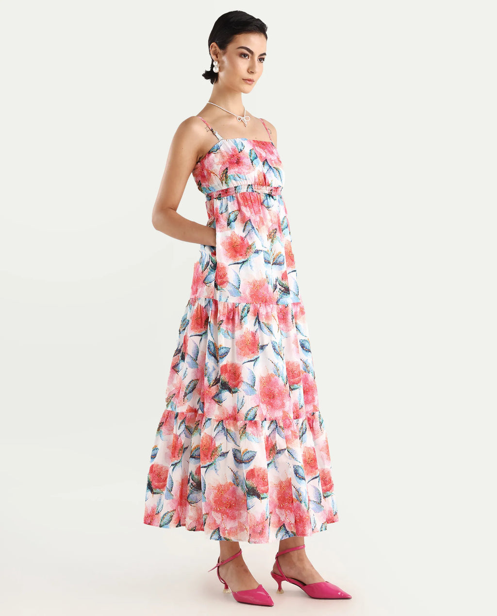 Rareism Women's Izabelle Multi Cotton Shoulder Strap Floral Print Shoulder Strap Maxi Fit And Flare Dress