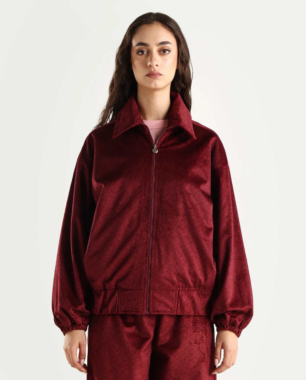 Rareism Women's Jacamo-T Maroon Polyester Spread Collar Relaxed Monogram Print Jacket