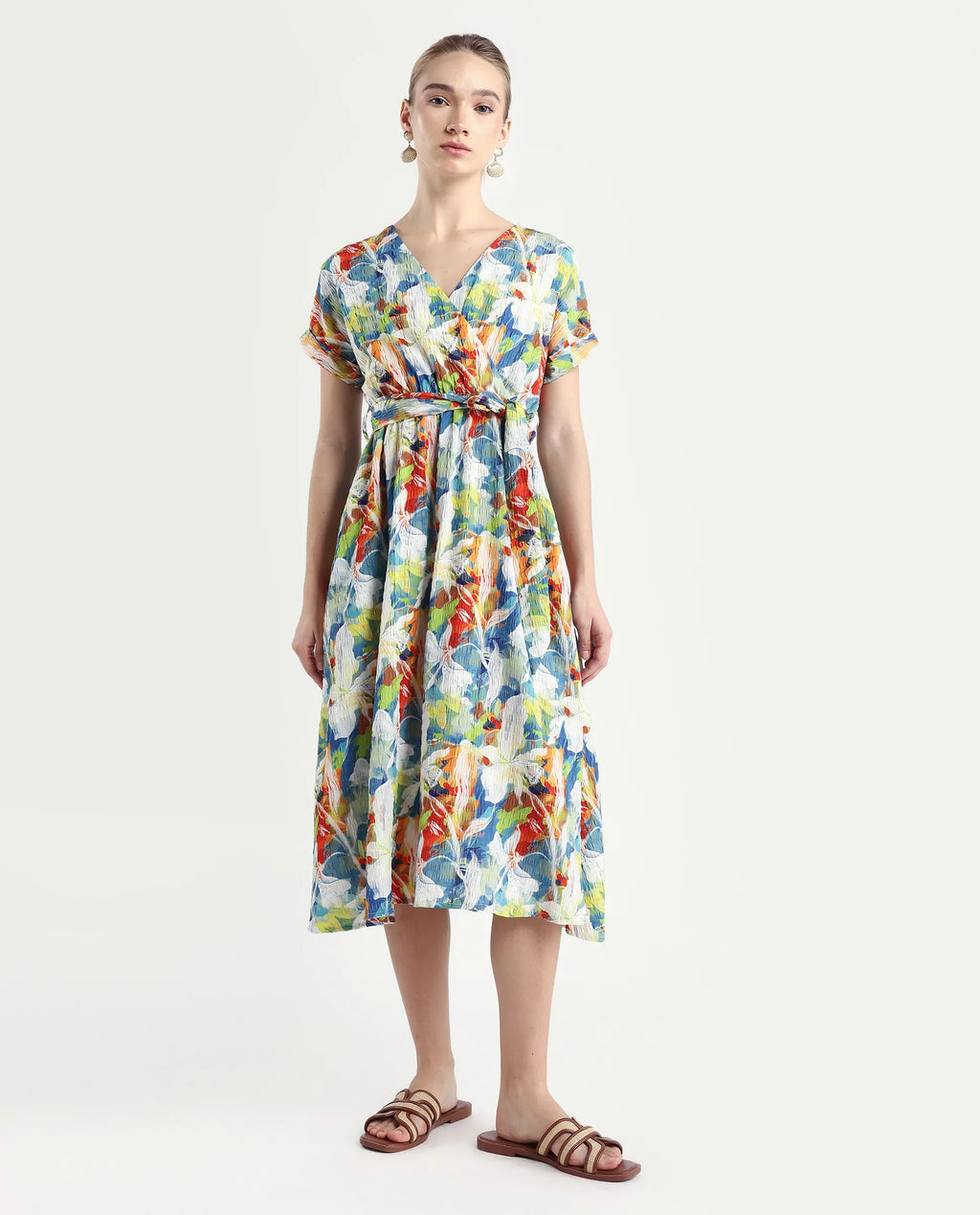 Rareism Women's Jaci Light Multi Polyester Overlap Neck Floral Print Extended Sleeves Midi Fit And Flare Dress