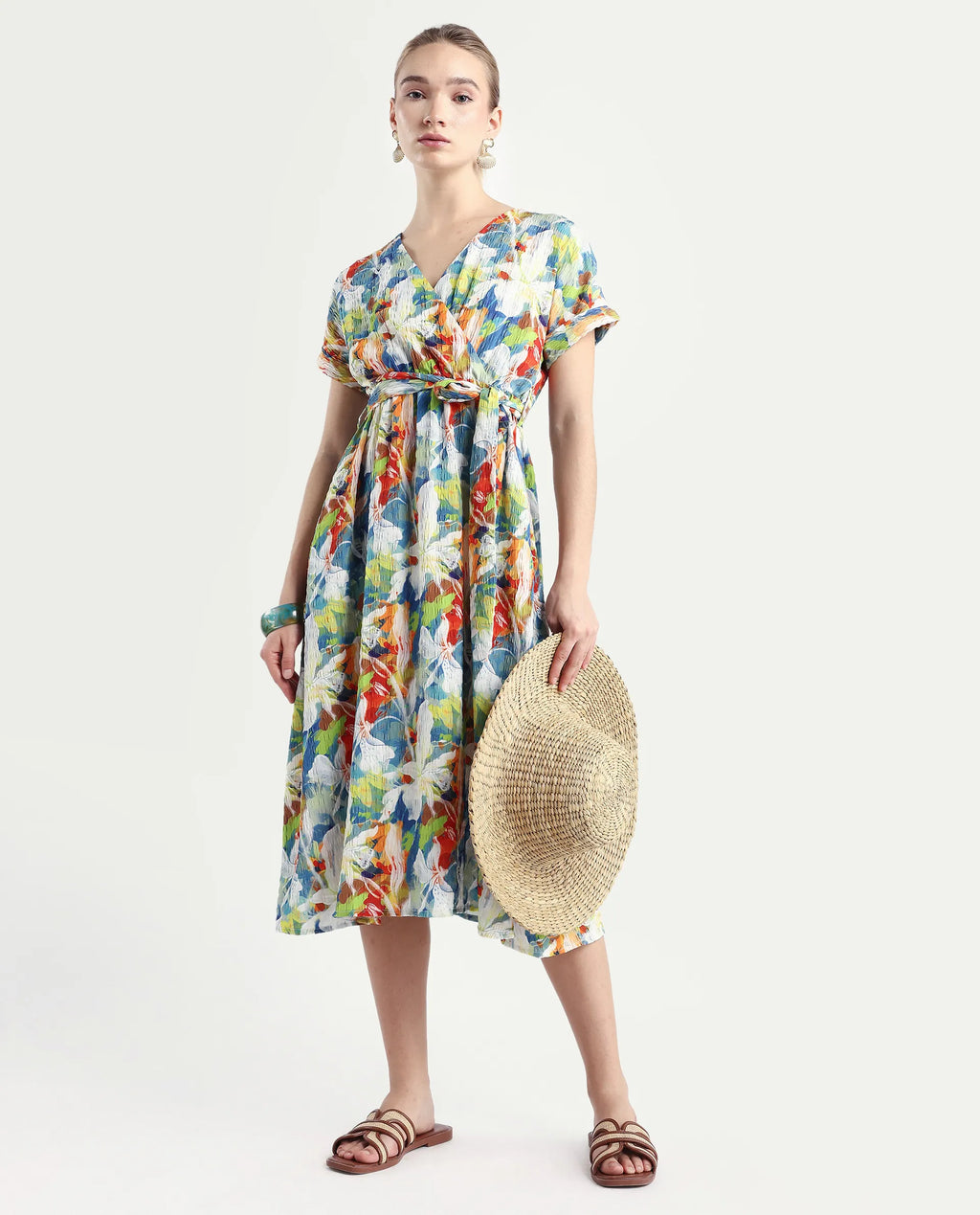 Rareism Women's Jaci Light Multi Polyester Overlap Neck Floral Print Extended Sleeves Midi Fit And Flare Dress