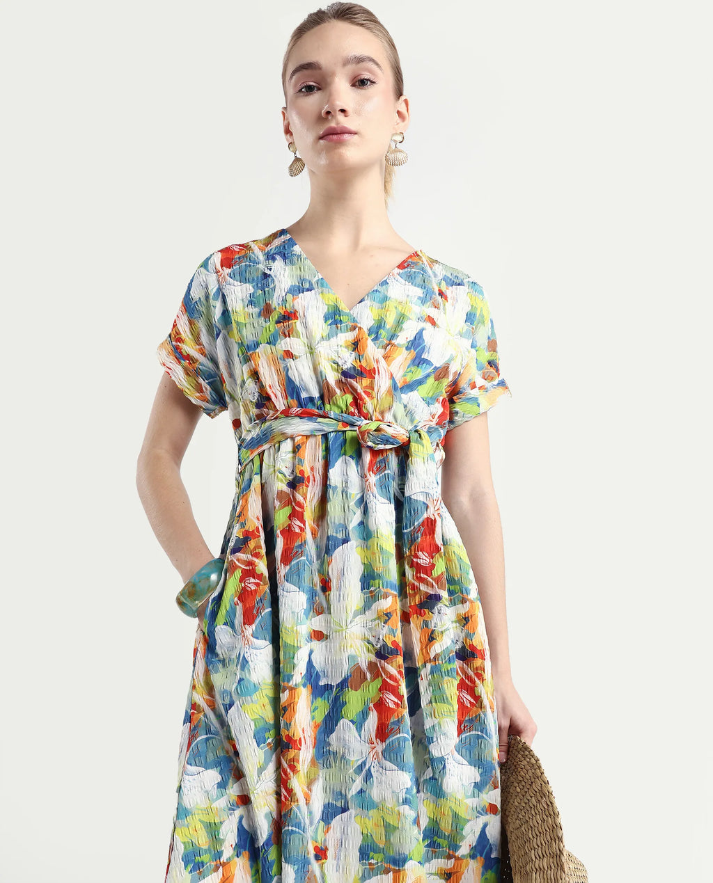 Rareism Women's Jaci Light Multi Polyester Overlap Neck Floral Print Extended Sleeves Midi Fit And Flare Dress