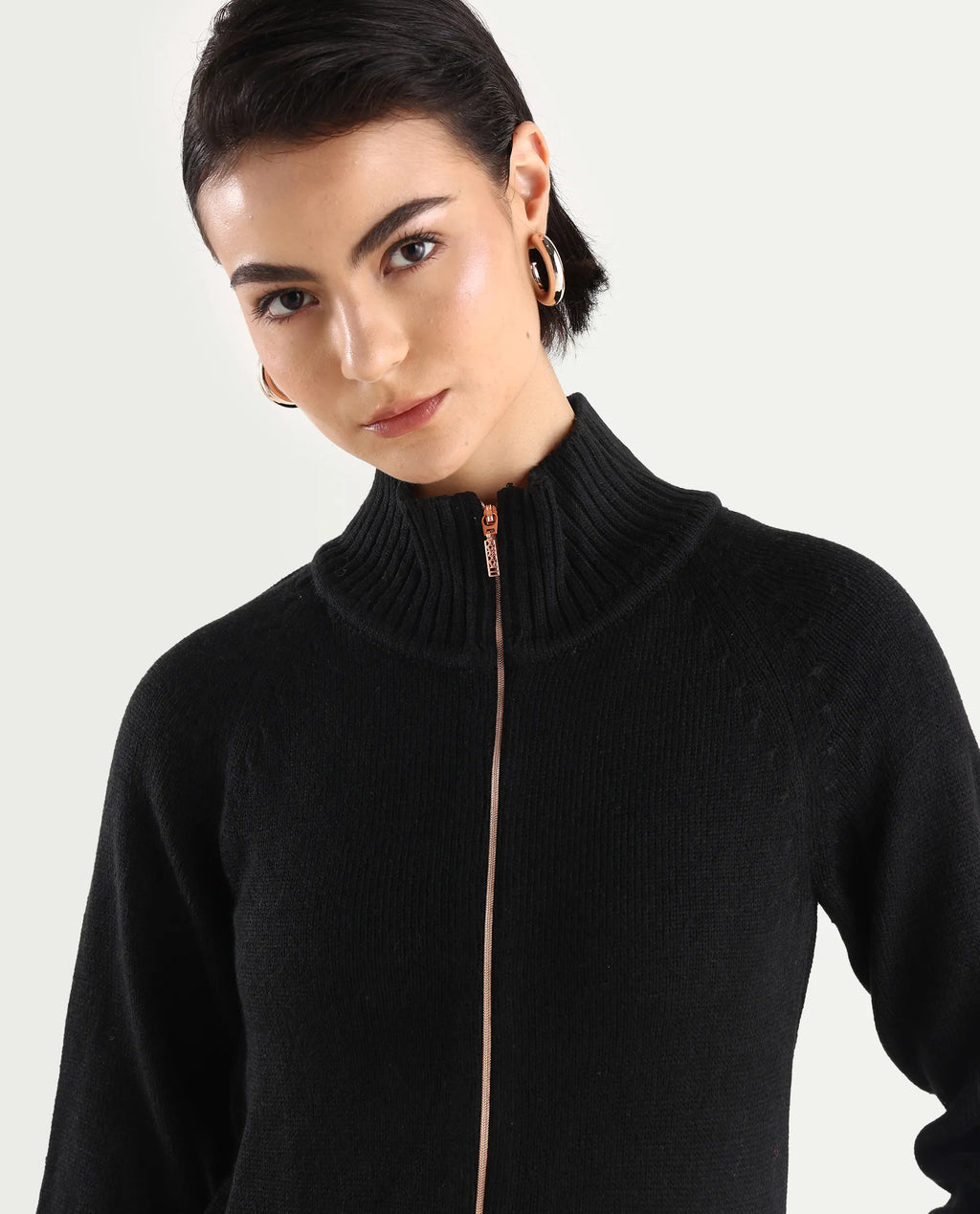 Rareism Women's Jagger Black Acrylic High Neck Plain Raglan Sleeve Relaxed Fit Sweater
