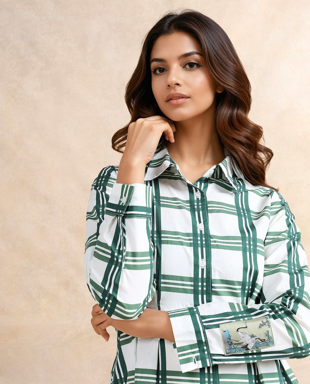 Rareism Women's Jalopim Light Ecru Cotton Drop Collar Flannel Print Cuffed Sleeve Mini Fit And Flare Dress