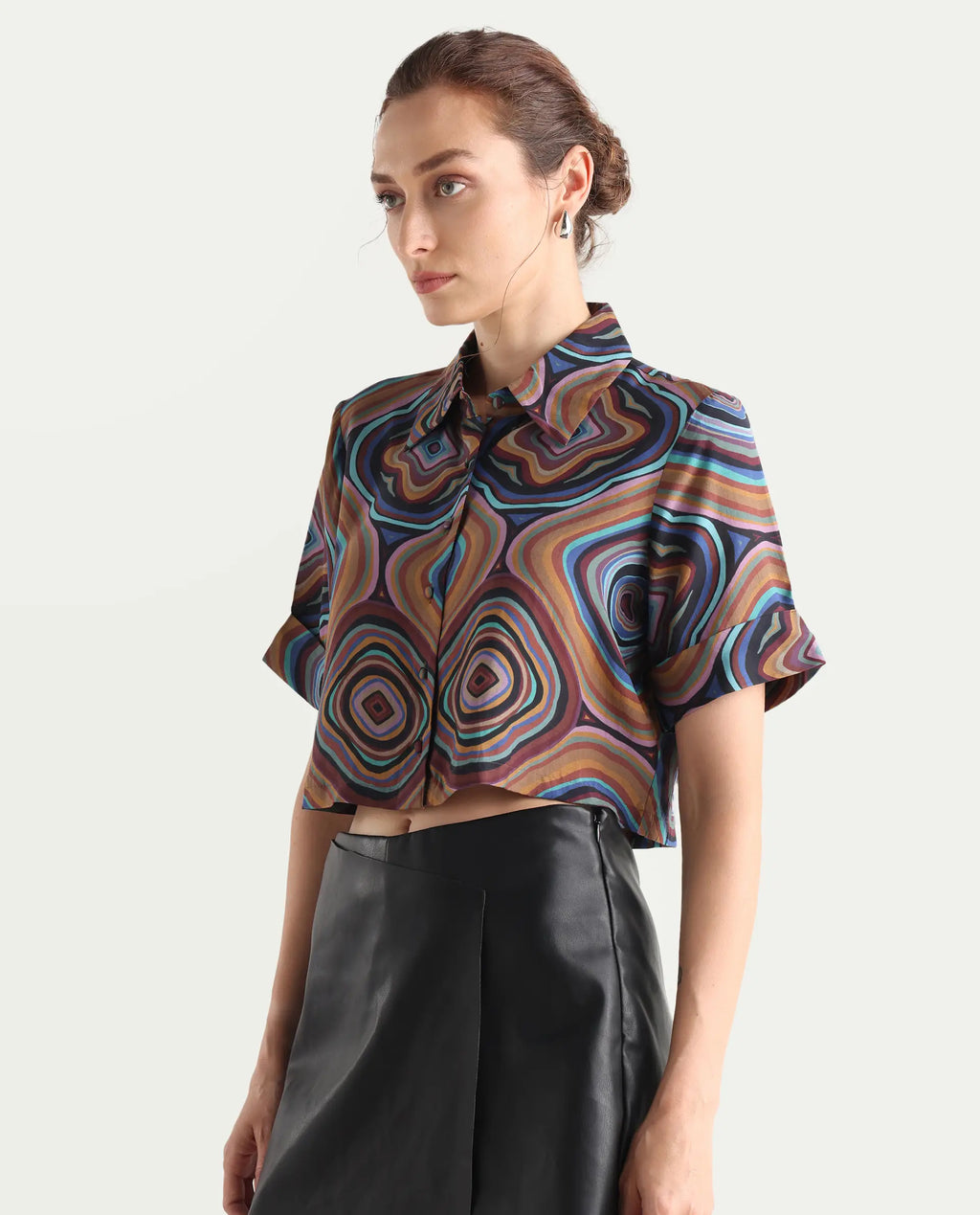 Rareism Women's Janber Dark Multi Cotton Spread Collar Abstract Print Crop Regular Fit Shirt
