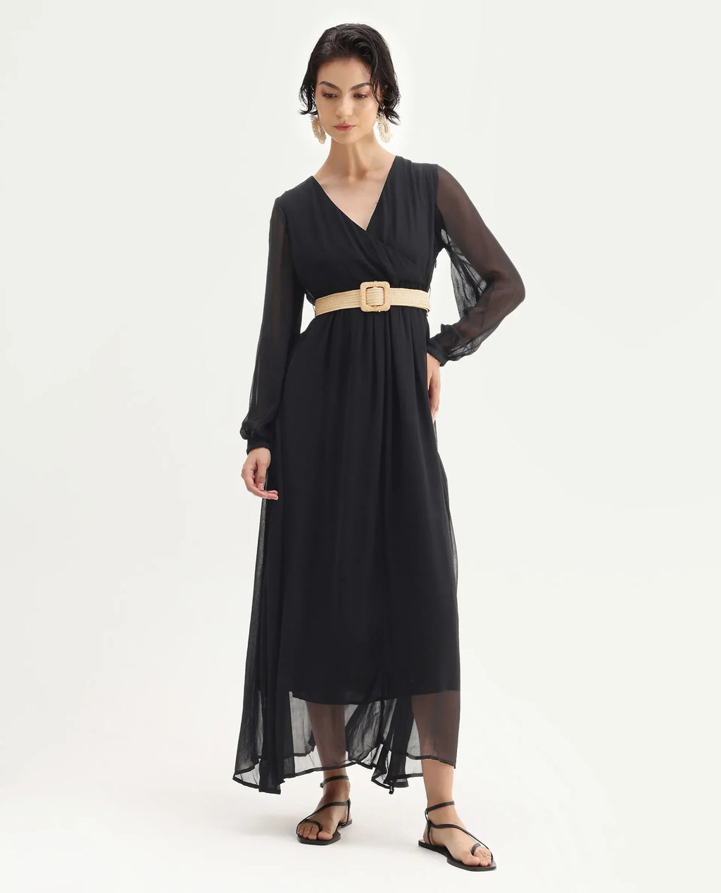 Rareism Women's Janclin Black Cotton V-Neck Plain Bishop Sleeve Maxi Fit And Flare Dress