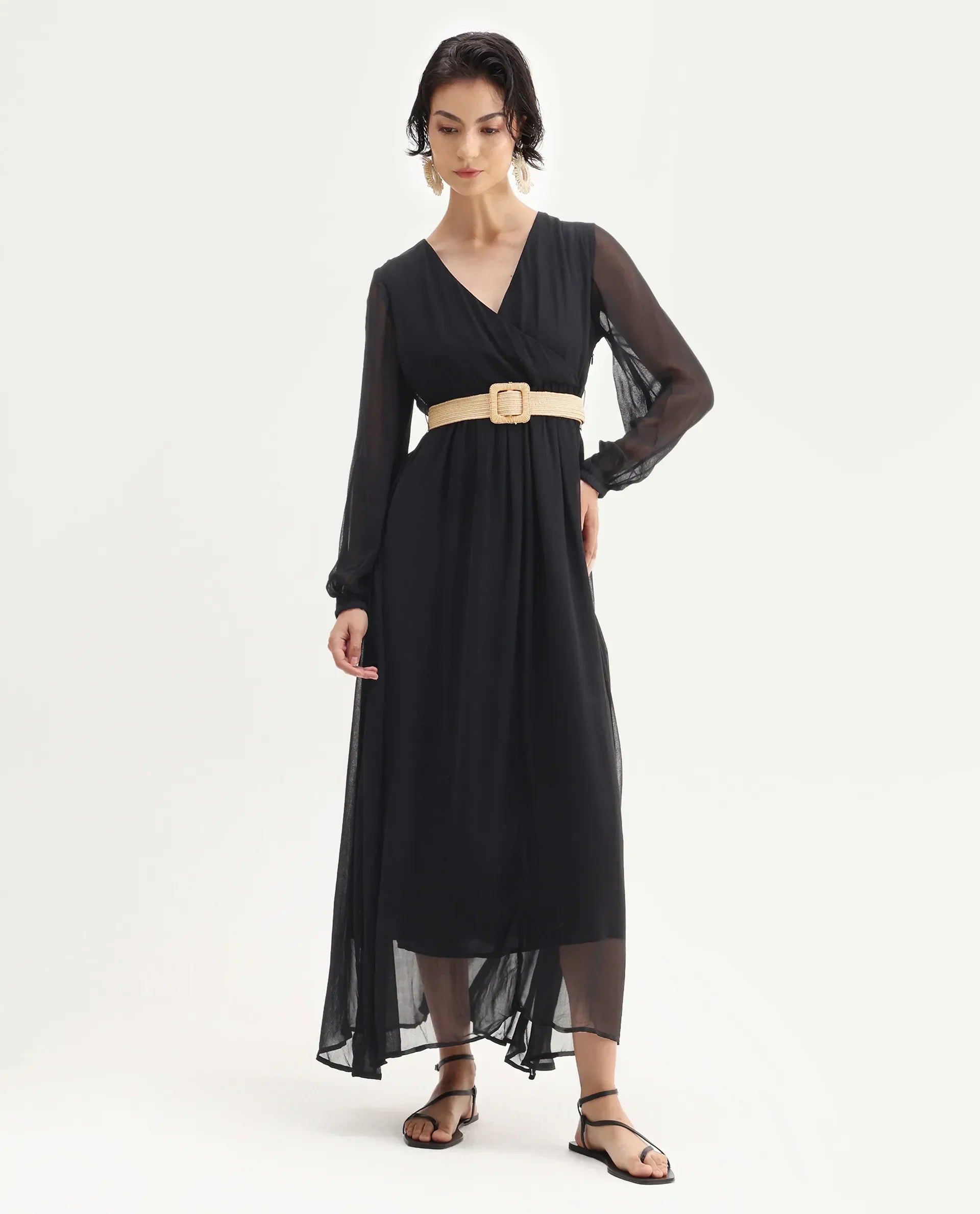 Rareism Women's Janclin Black Cotton V-Neck Plain Bishop Sleeve Maxi Fit And Flare Dress