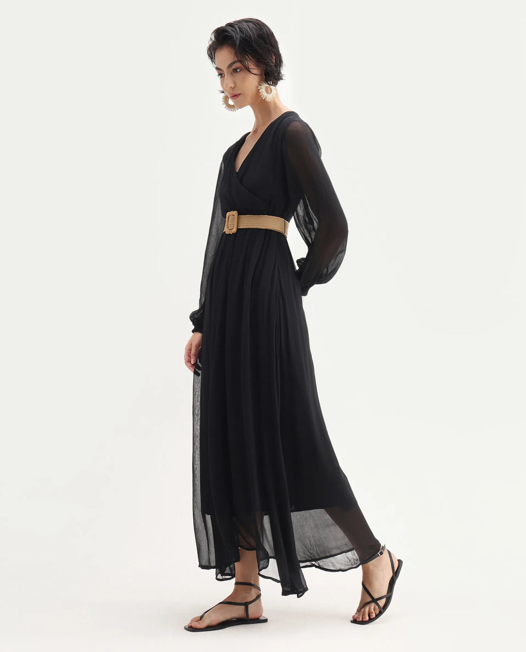 Rareism Women's Janclin Black Cotton V-Neck Plain Bishop Sleeve Maxi Fit And Flare Dress