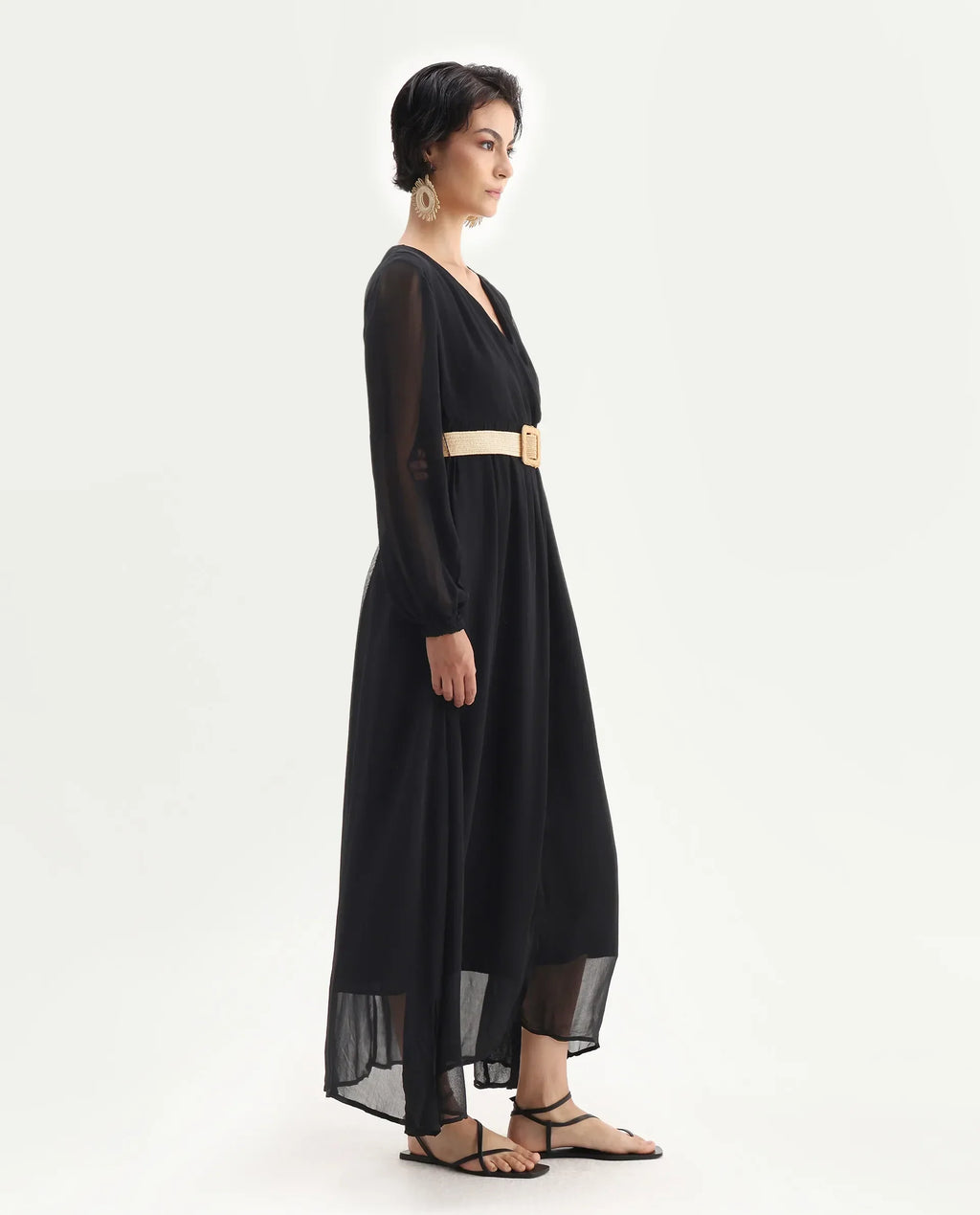 Rareism Women's Janclin Black Cotton V-Neck Plain Bishop Sleeve Maxi Fit And Flare Dress