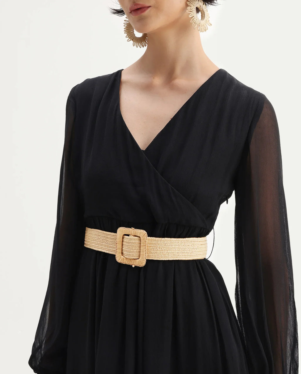 Rareism Women's Janclin Black Cotton V-Neck Plain Bishop Sleeve Maxi Fit And Flare Dress