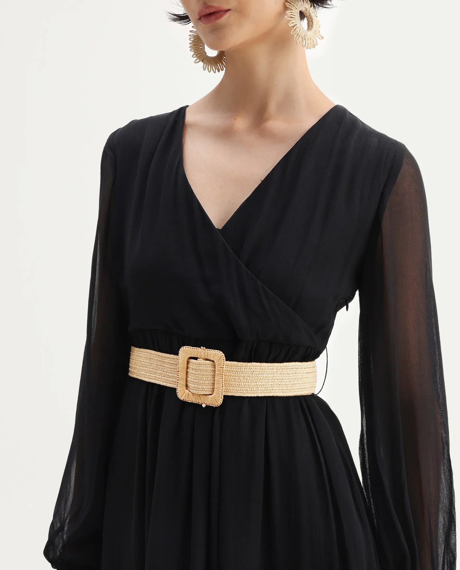 Rareism Women's Janclin Black Cotton V-Neck Plain Bishop Sleeve Maxi Fit And Flare Dress