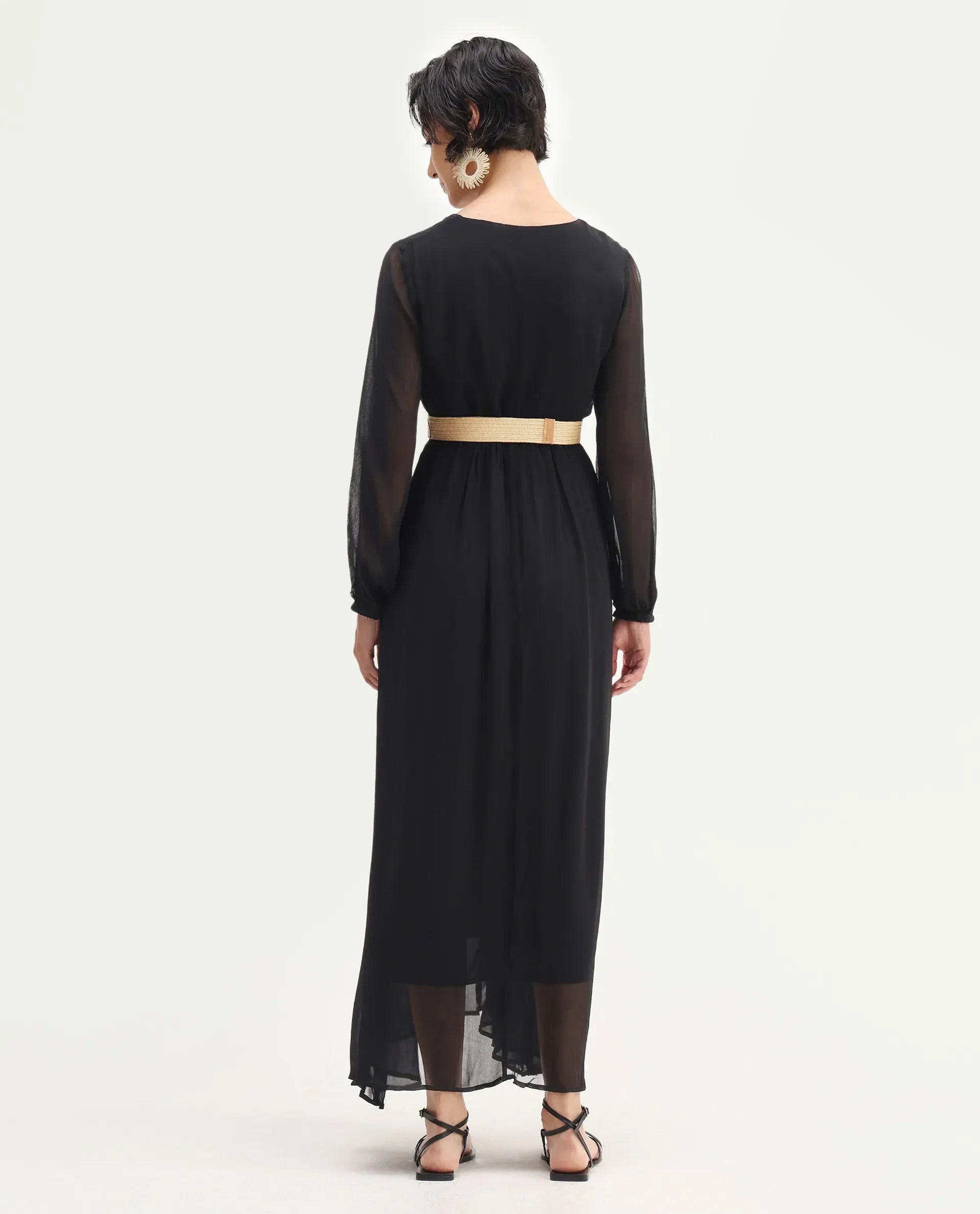Rareism Women's Janclin Black Cotton V-Neck Plain Bishop Sleeve Maxi Fit And Flare Dress