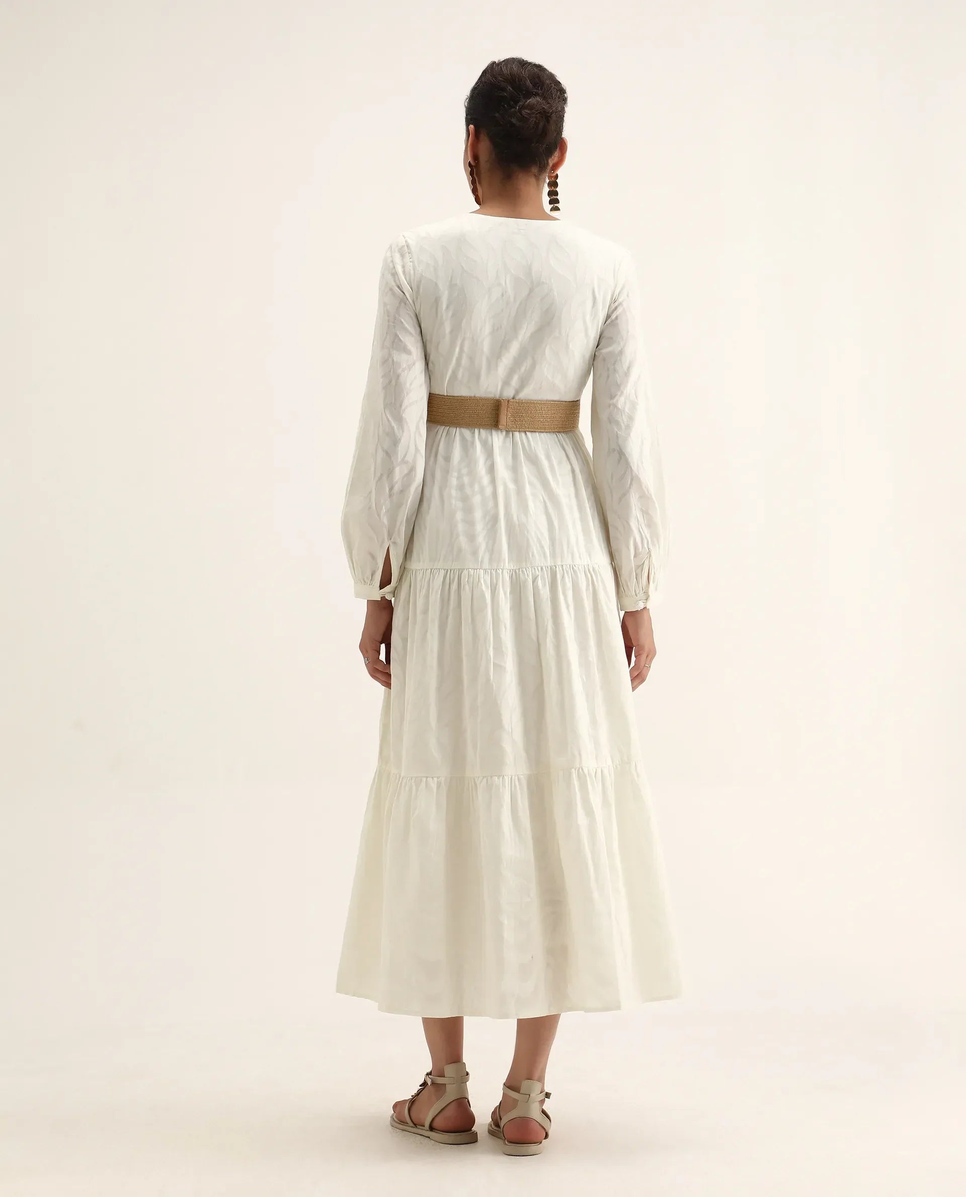 Rareism Women's Janco Off White Cotton V-Neck Plain Bishop Sleeve Maxi Fit And Flare Dress