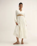Rareism Women's Janco Off White Cotton V-Neck Plain Bishop Sleeve Maxi Fit And Flare Dress