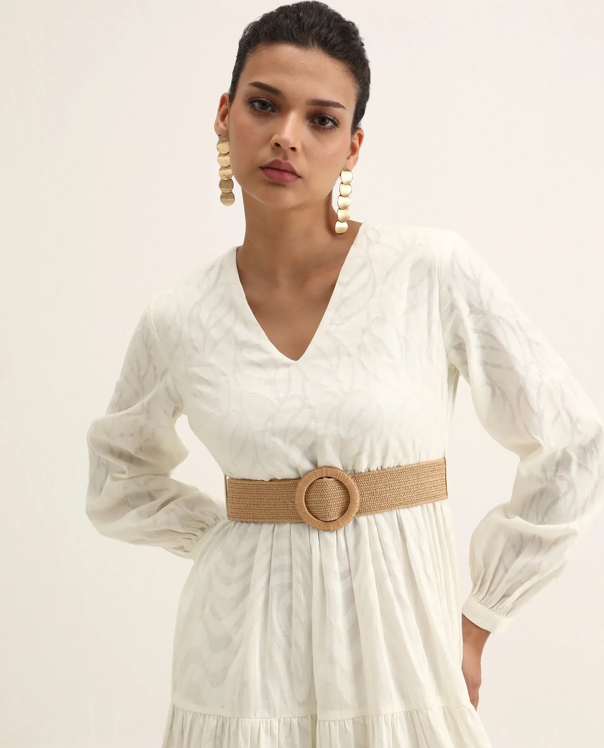 Rareism Women's Janco Off White Cotton V-Neck Plain Bishop Sleeve Maxi Fit And Flare Dress