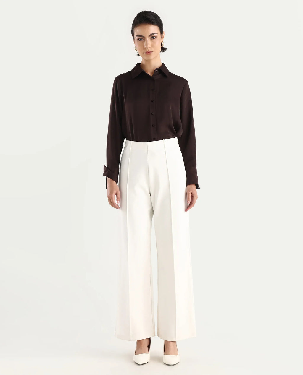 Rareism Women's Jancura Off White Nylon Straight Plain Trouser