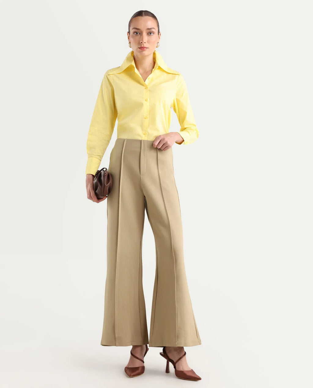 Rareism Women's Jancura Beige Rayon Blend Plain Ankle Length Bootcut Trouser