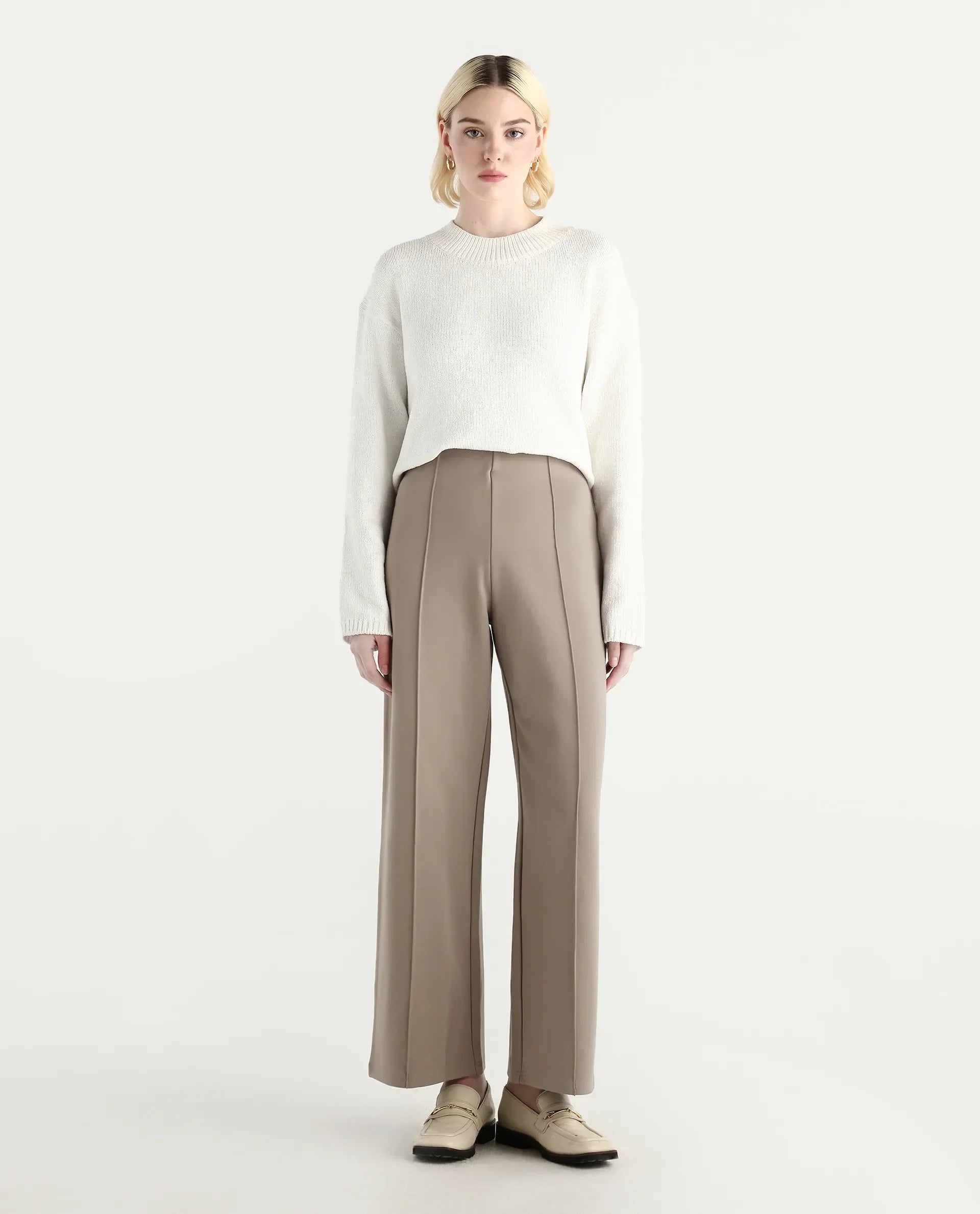 Rareism Women's Jancura-R Beige Nylon Fabric Straight Plain Trouser