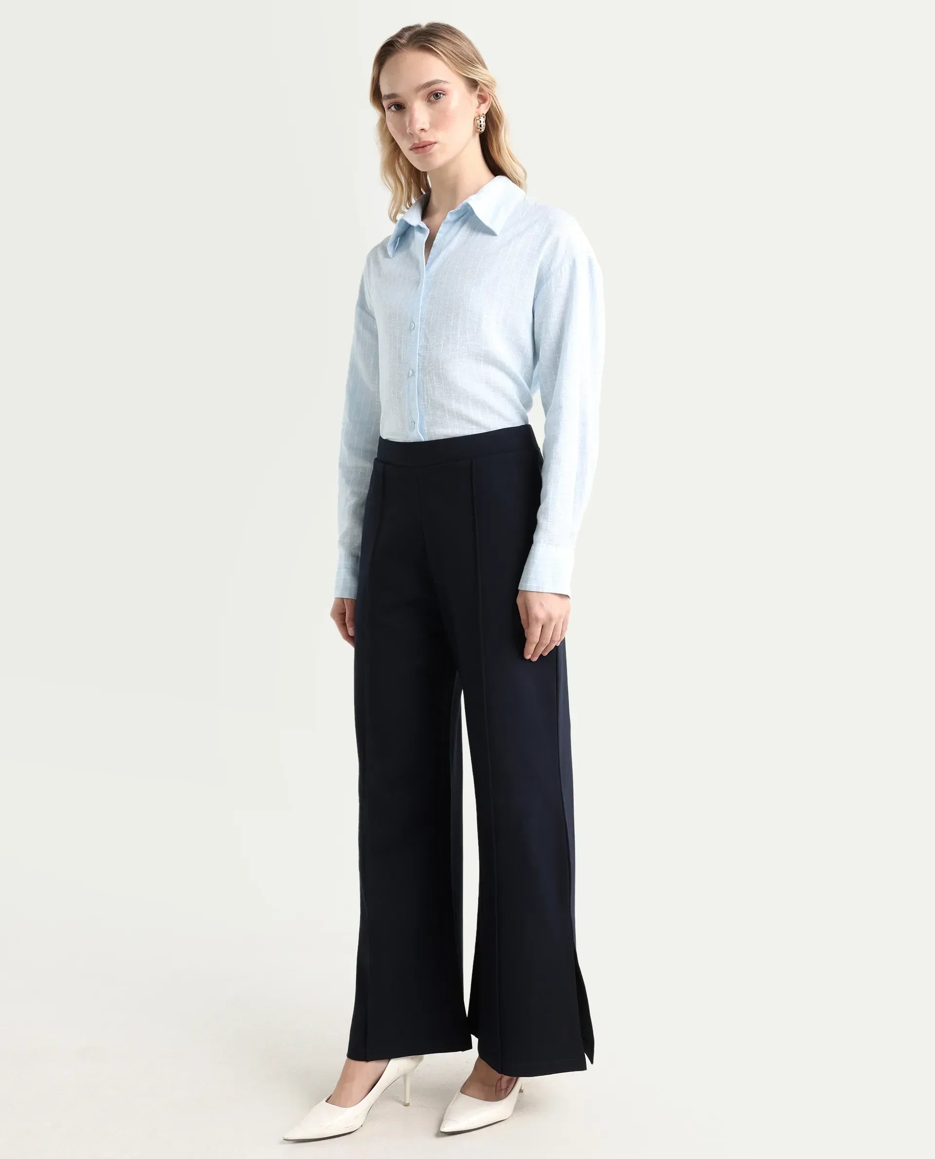 Rareism Women's Jancuri Navy Rayon Blend Plain Ankle Length Straight Fit Trouser