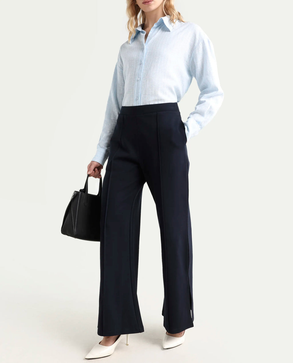 Rareism Women's Jancuri Navy Rayon Blend Plain Ankle Length Straight Fit Trouser