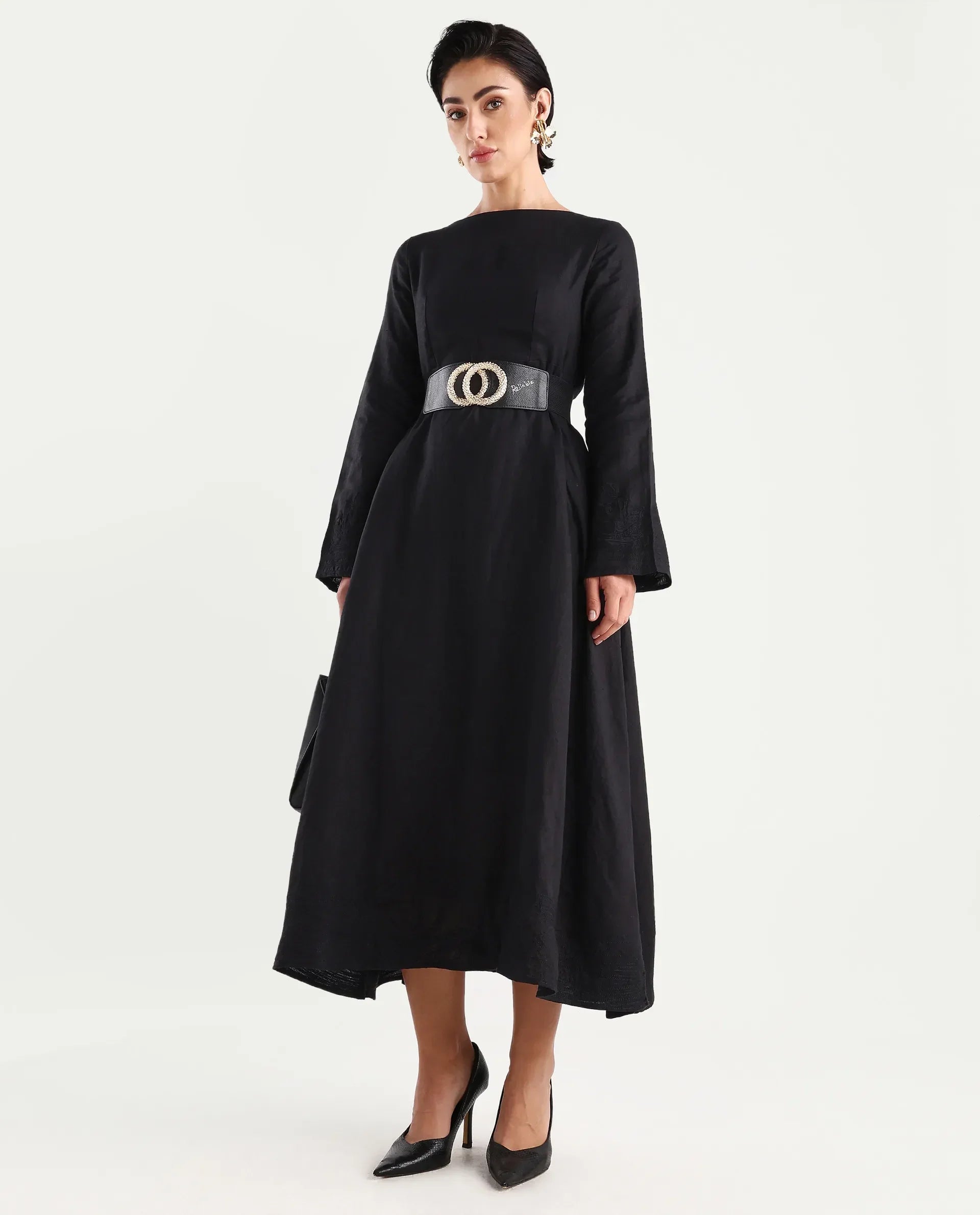 Rareism Women's Jander Black Linen Boat Neck Plain Maxi Fit And Flare Dress