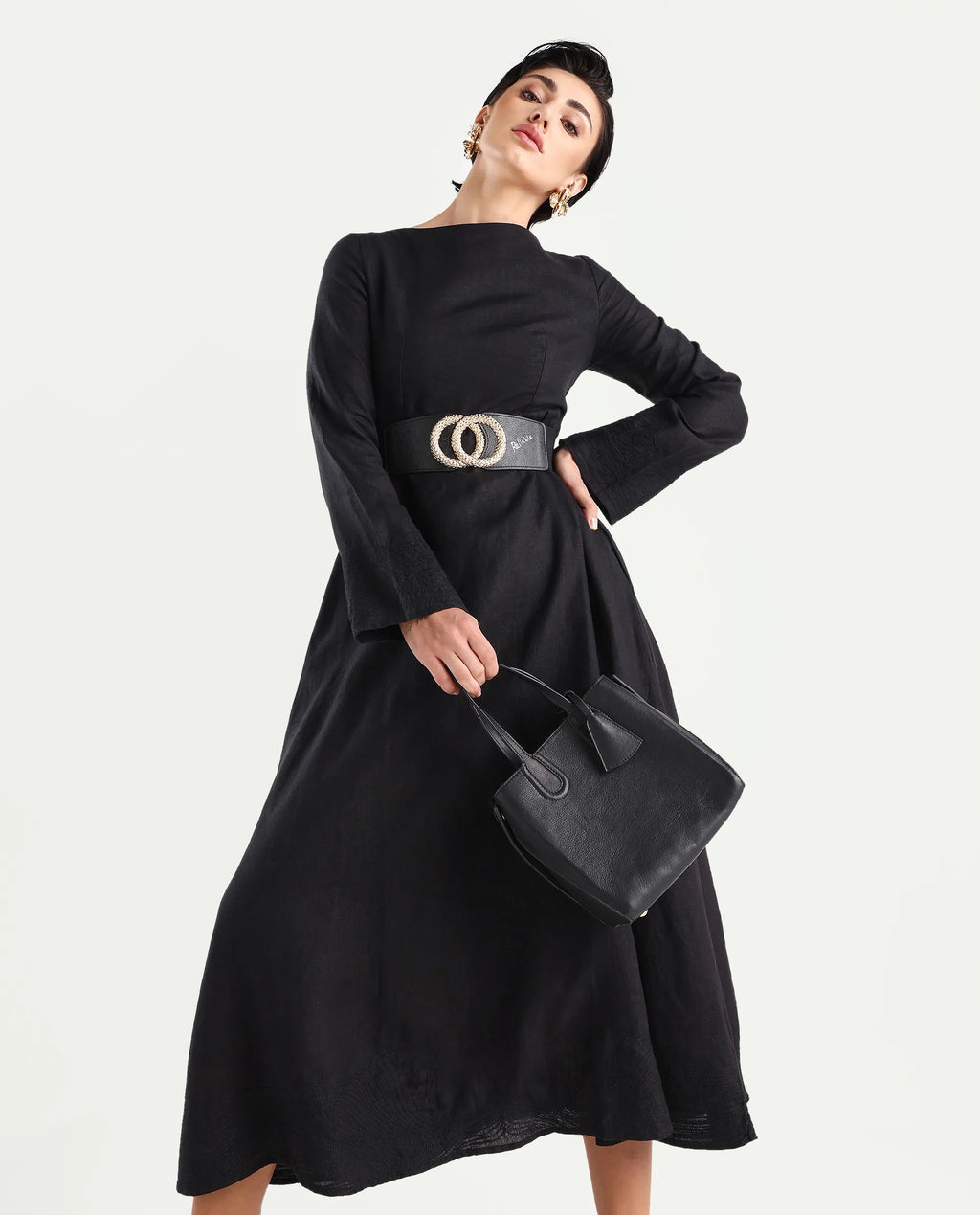 Rareism Women's Jander Black Linen Boat Neck Plain Maxi Fit And Flare Dress