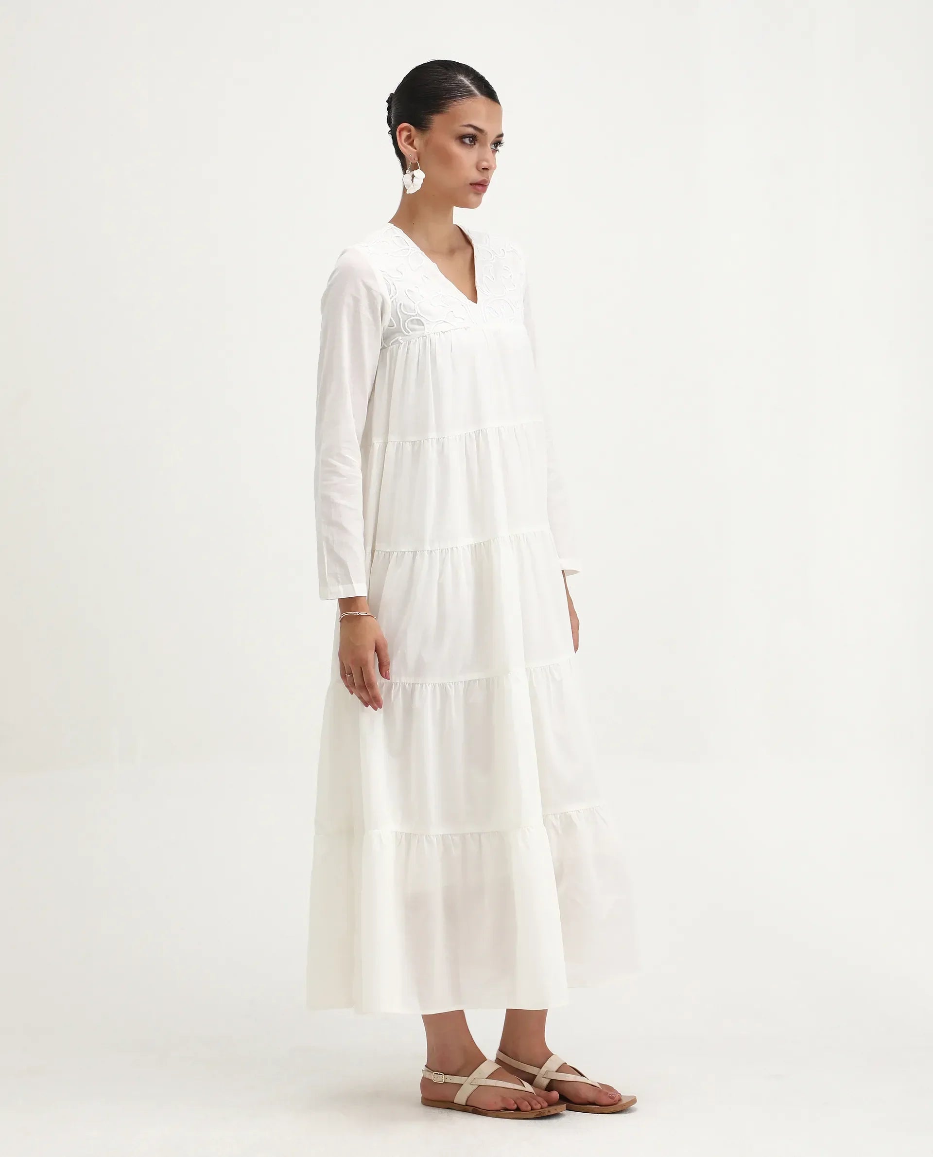 Rareism Women's Janear Beige Cotton Round Neck Plain Maxi Flared Dress
