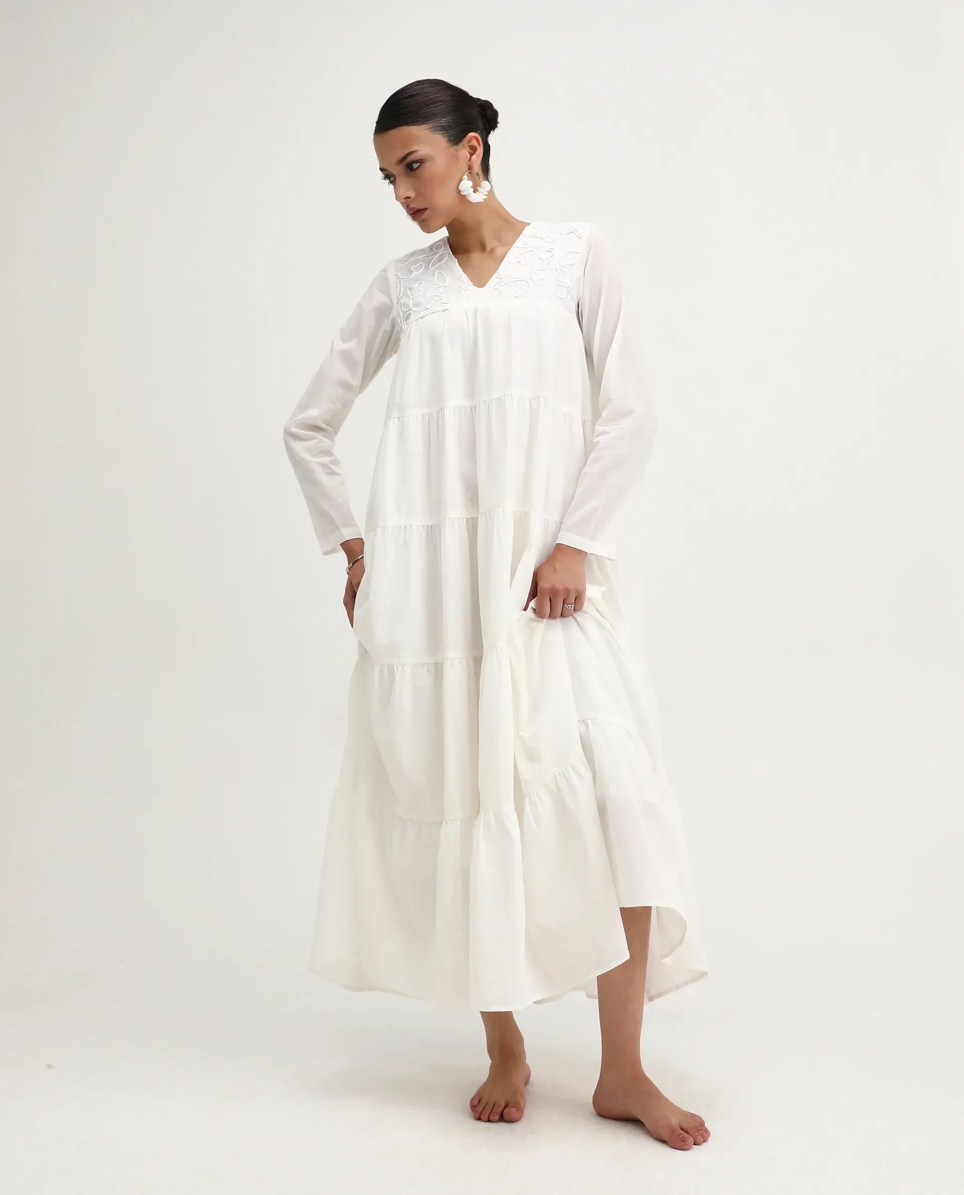 Rareism Women's Janear Beige Cotton Round Neck Plain Maxi Flared Dress