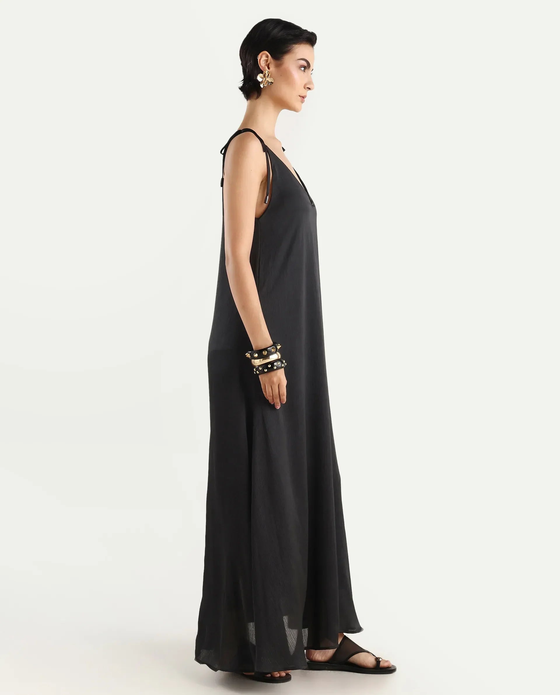 Rareism Women's Janfree Black Polyester Shoulder Strap Plain Sleeveless Maxi A-Line Dress