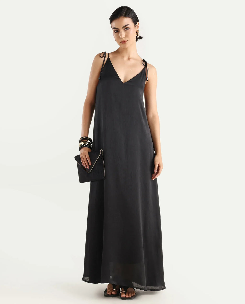 Rareism Women's Janfree Black Polyester Shoulder Strap Plain Sleeveless Maxi A-Line Dress