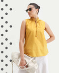 Rareism Women's Janlepo Mustard Cotton Band Collar Polka Print Sleeveless Regular Fit Top