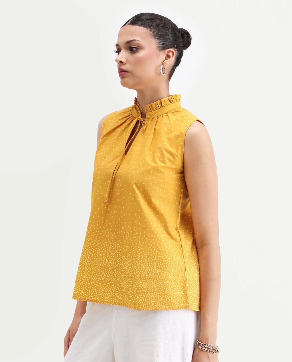 Rareism Women's Janlepo Mustard Cotton Band Collar Polka Print Sleeveless Regular Fit Top