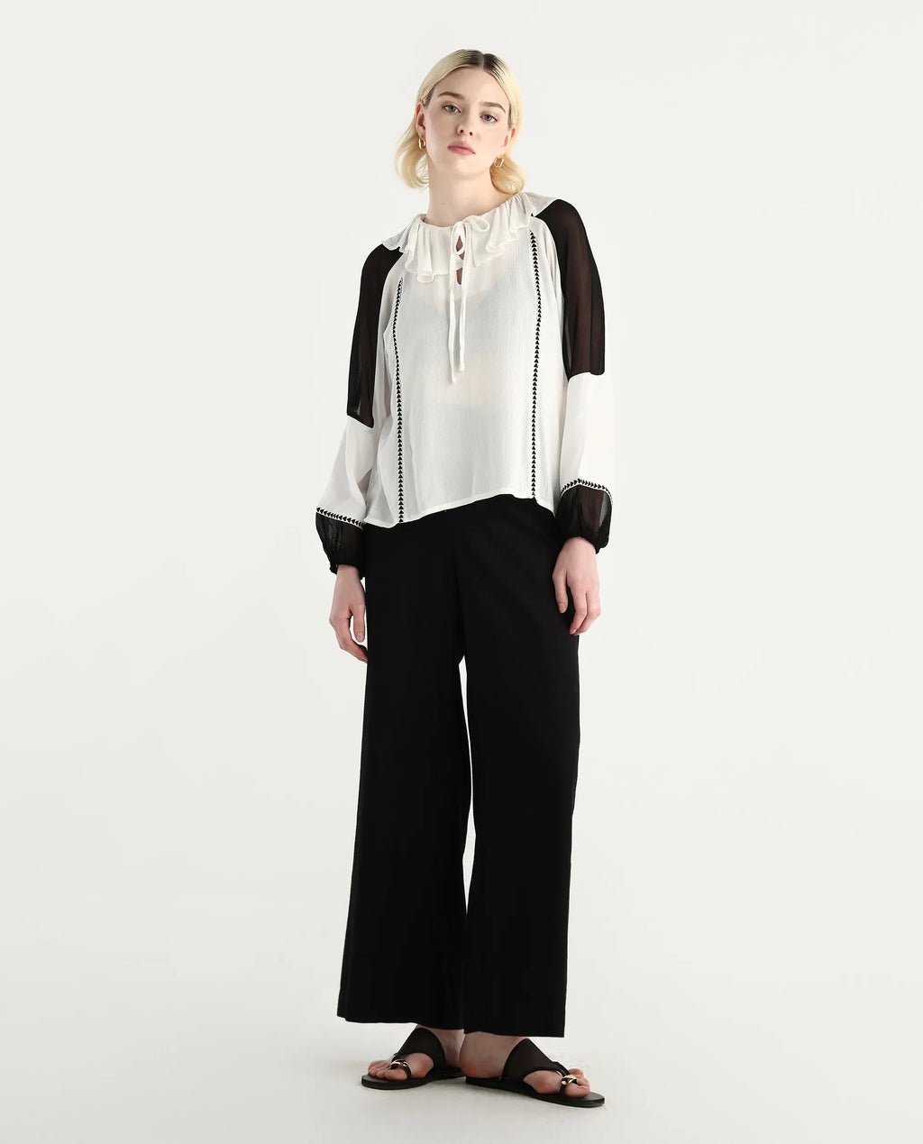 Rareism Women's Janmolo White Rayon Ruffled Neck Color Block Raglan Sleeve Regular Fit Top