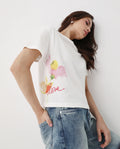 Rareism Women's Janol Off White Cotton Round Neck Floral Print Crop Regular Fit T-Shirt