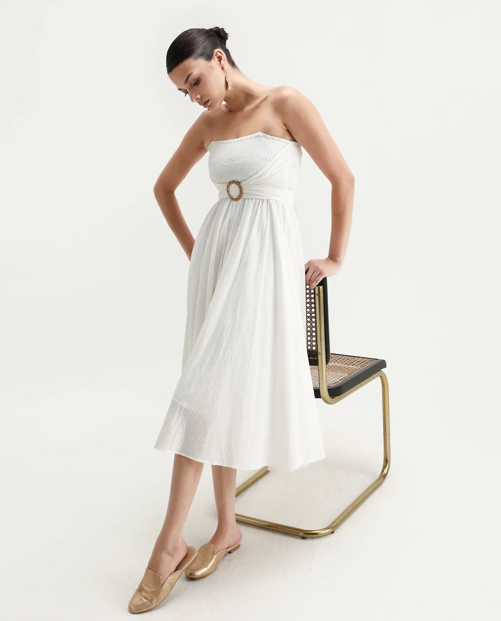 Rareism Women's Janpla Off White Cotton Tube Neck Plain Sleeveless Midi Fit And Flare Dress