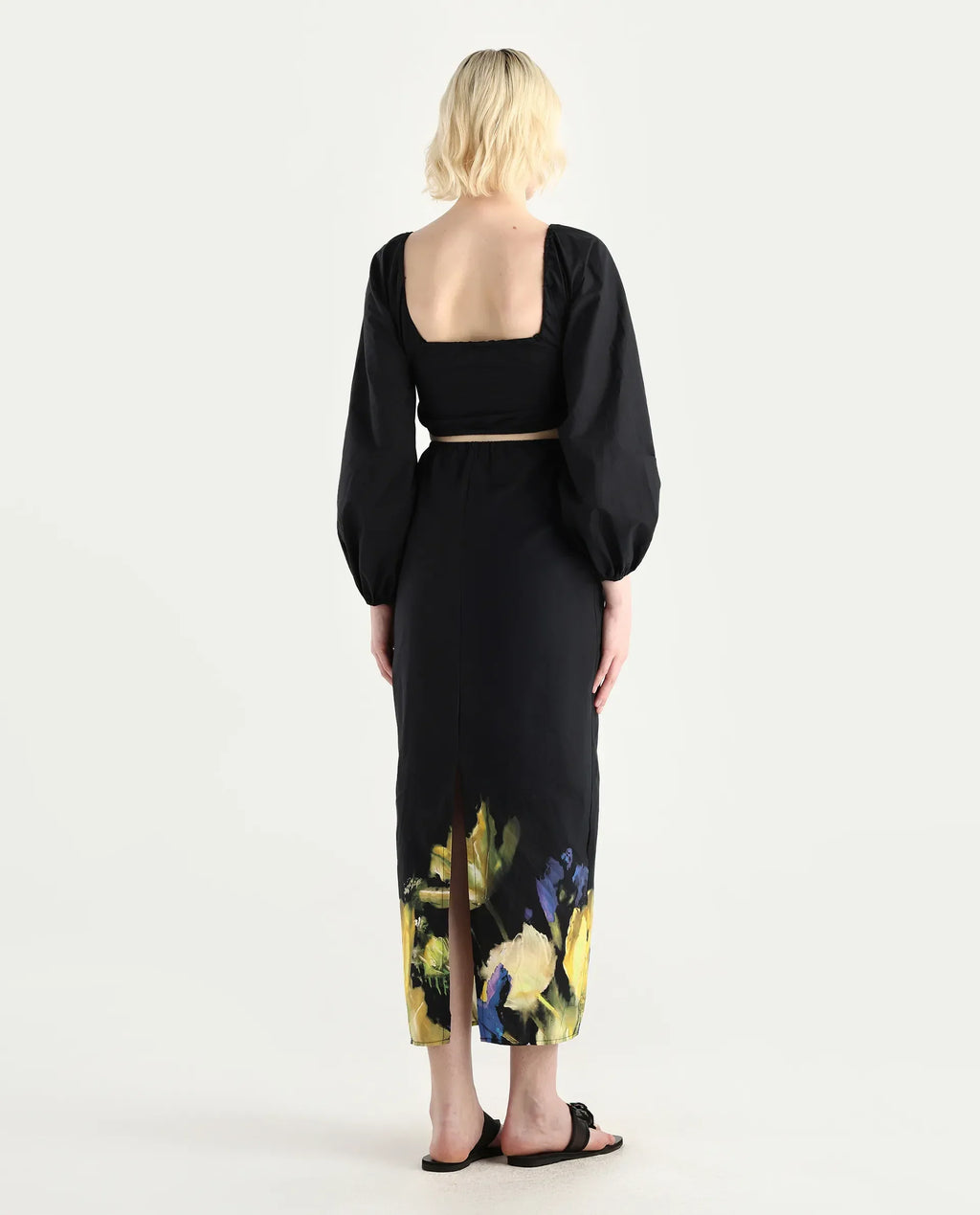 Rareism Women's Janqurt Black Cotton Square Neck Floral Print Bishop Sleeve Maxi Fitted Dress