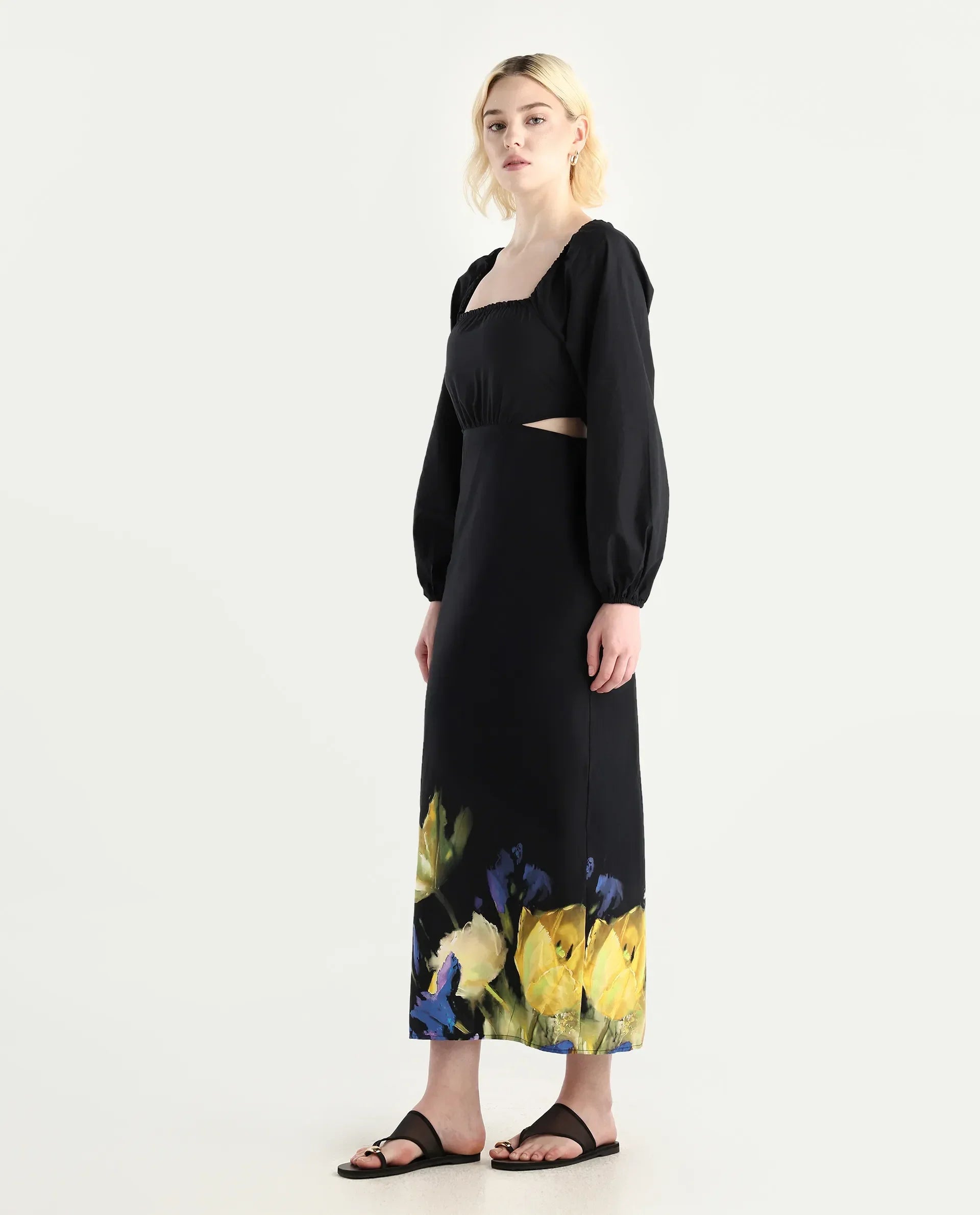 Rareism Women's Janqurt Black Cotton Square Neck Floral Print Bishop Sleeve Maxi Fitted Dress