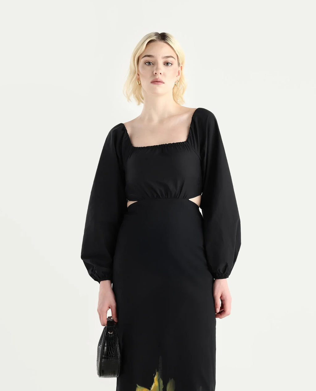 Rareism Women's Janqurt Black Cotton Square Neck Floral Print Bishop Sleeve Maxi Fitted Dress