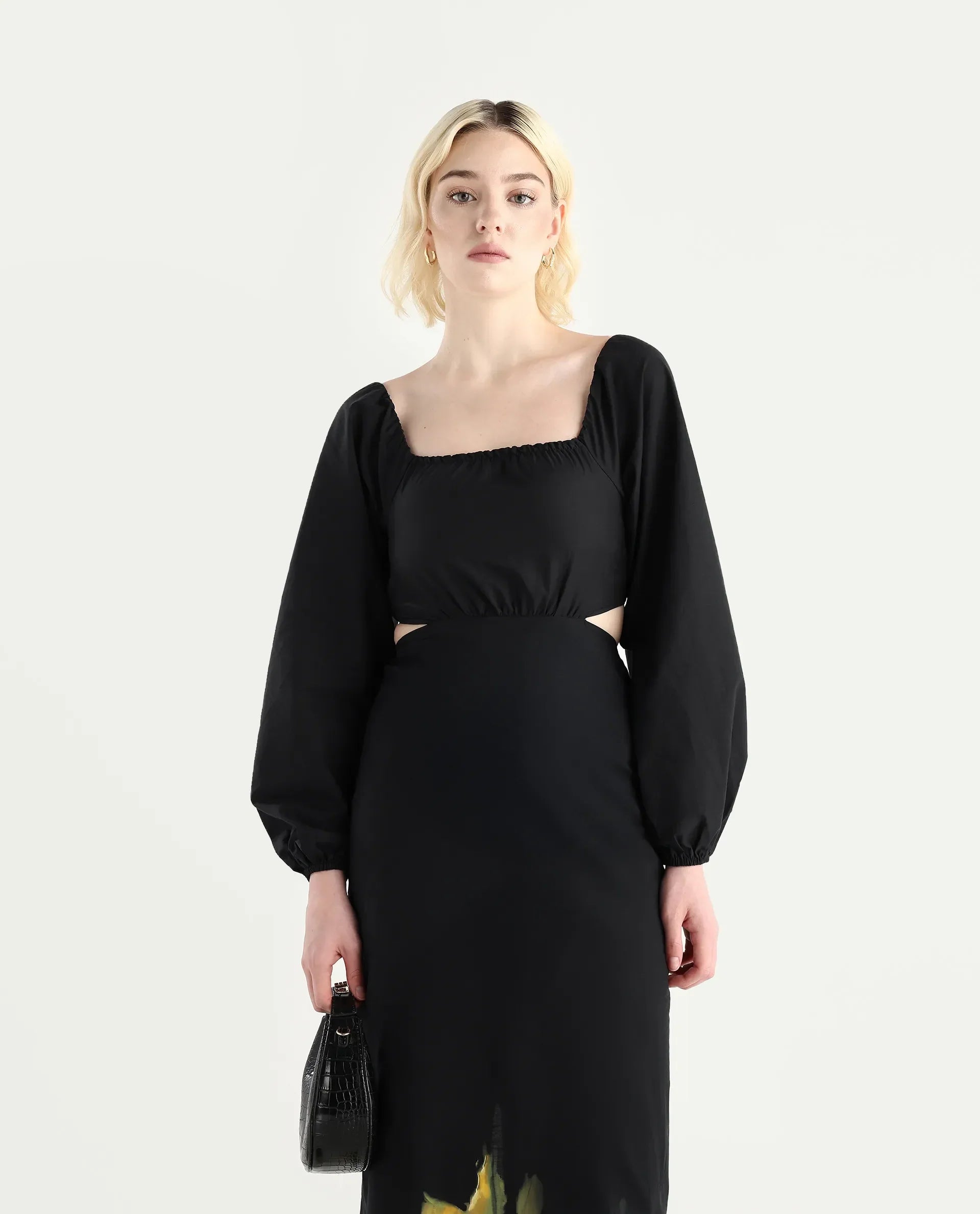 Rareism Women's Janqurt Black Cotton Square Neck Floral Print Bishop Sleeve Maxi Fitted Dress