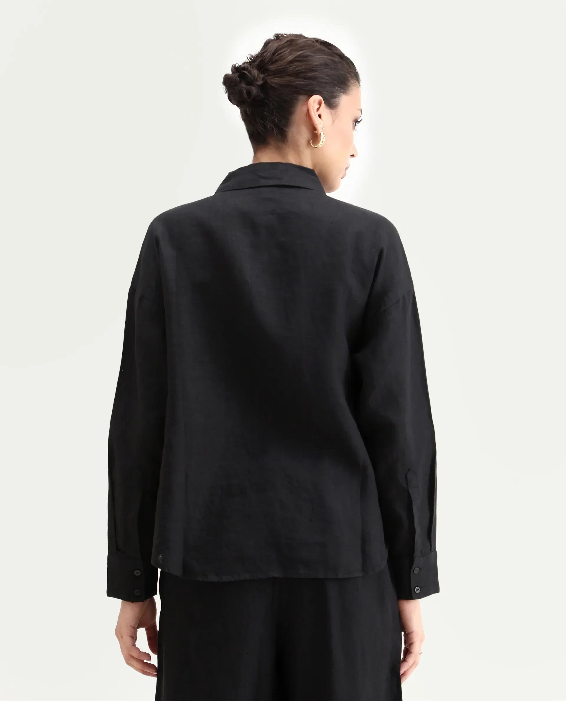 Rareism Women's Janria T Black Linen Spread Collar Plain Cuffed Sleeve Regular Fit Top