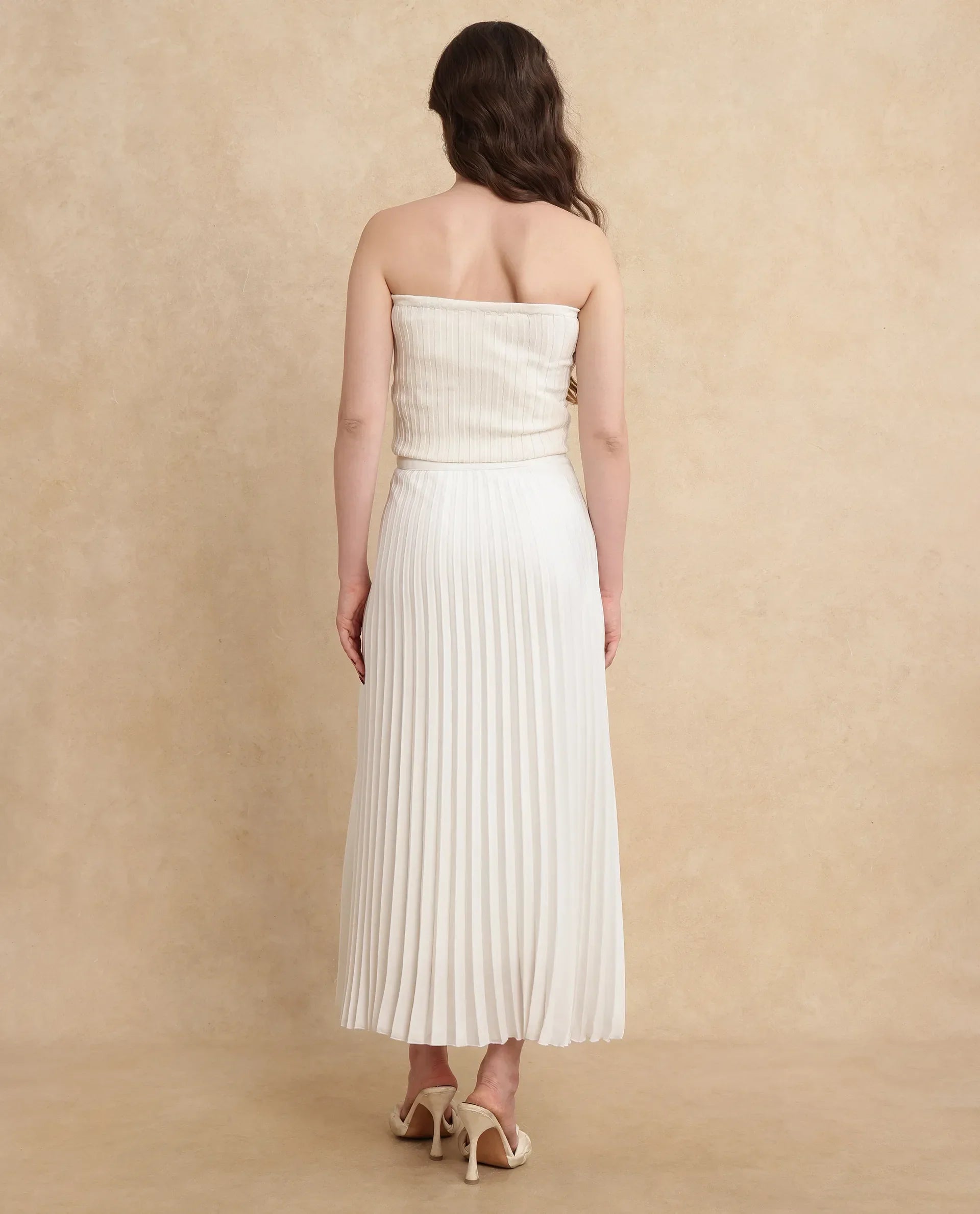 Rareism Women's Jansu Off White Polyester Plain Midi Flared Skirt