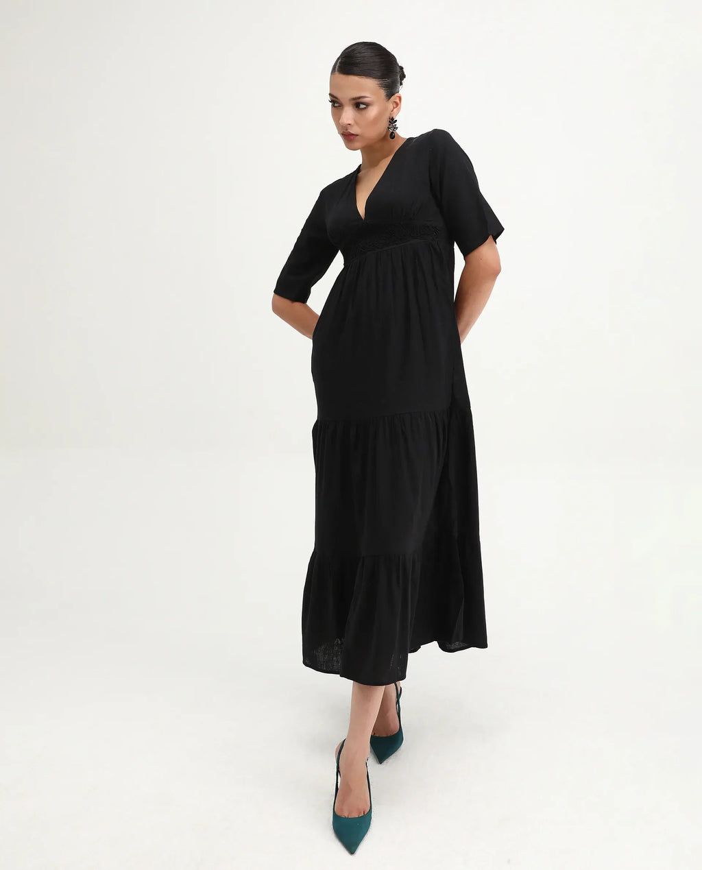 Rareism Women's Janyaka Black Viscose Blend V-Neck Plain Maxi Fit And Flare Dress