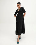 Rareism Women's Janyaka Black Viscose Blend V-Neck Plain Maxi Fit And Flare Dress
