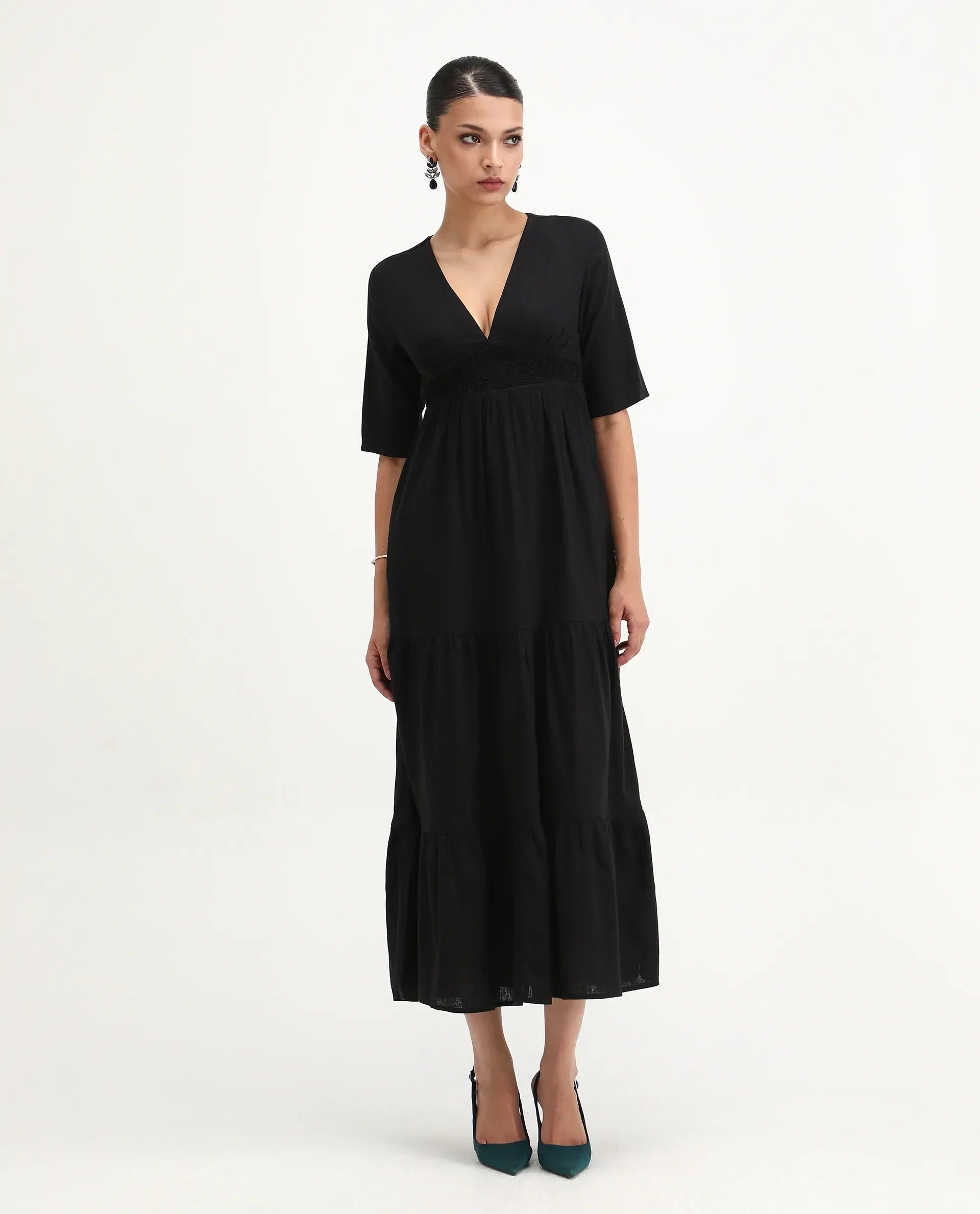 Rareism Women's Janyaka Black Viscose Blend V-Neck Plain Maxi Fit And Flare Dress