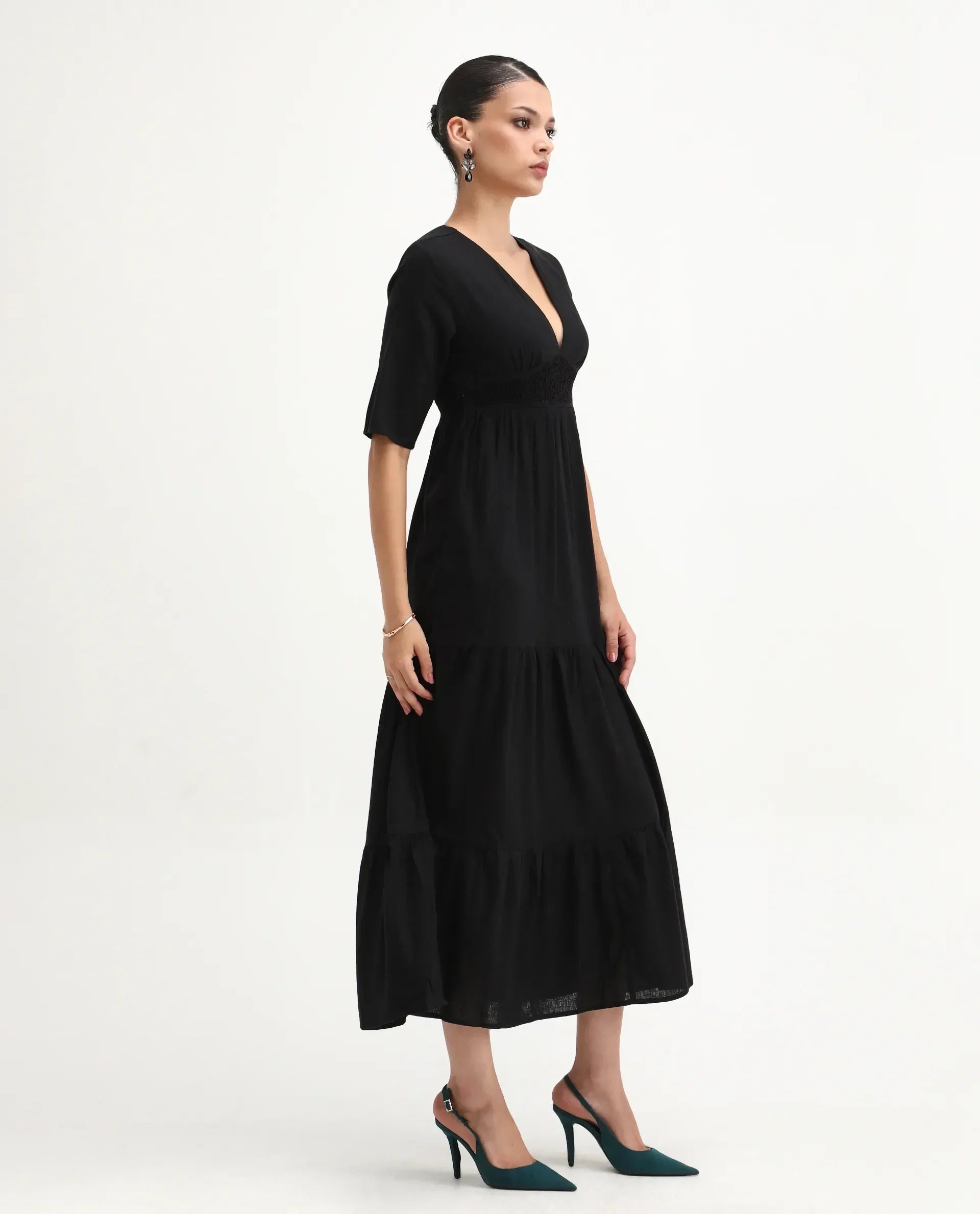 Rareism Women's Janyaka Black Viscose Blend V-Neck Plain Maxi Fit And Flare Dress