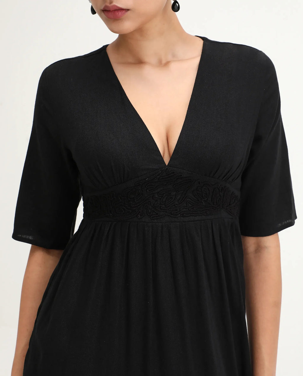 Rareism Women's Janyaka Black Viscose Blend V-Neck Plain Maxi Fit And Flare Dress