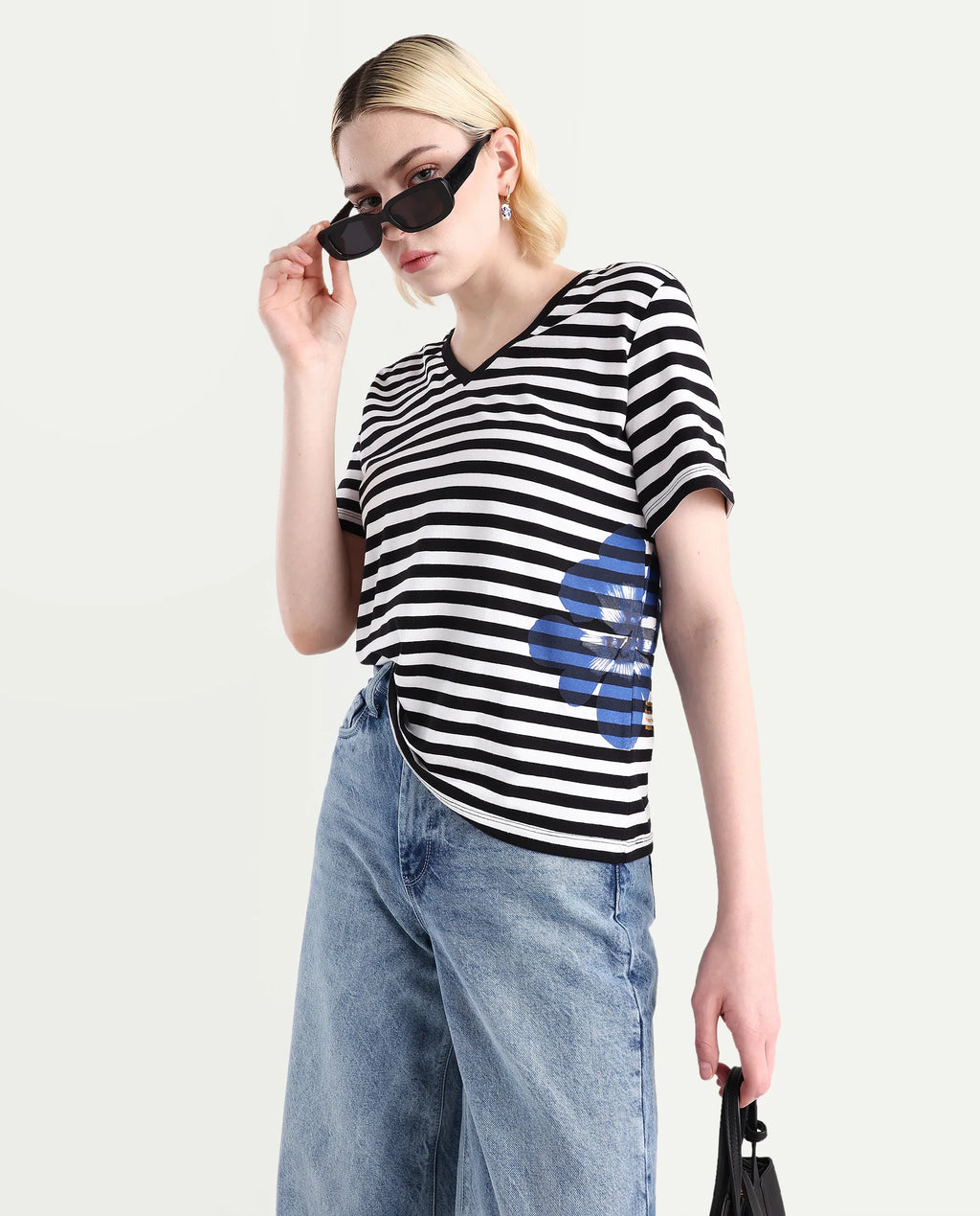 Rareism Women's Janyan Off White Cotton Blend V-Neck Striped Regular Fit T-Shirt