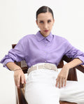 Rareism Women's Jayleen Purple Linen Spread Collar Plain Slim Fit Top