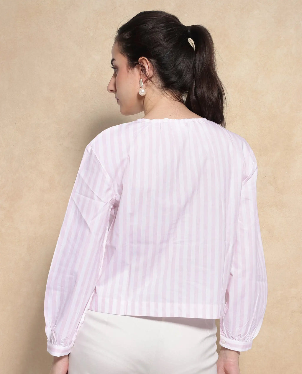 Rareism Women's Jayleon Pink Cotton Crew Neck Striped Cuffed Sleeve Regular Fit Top