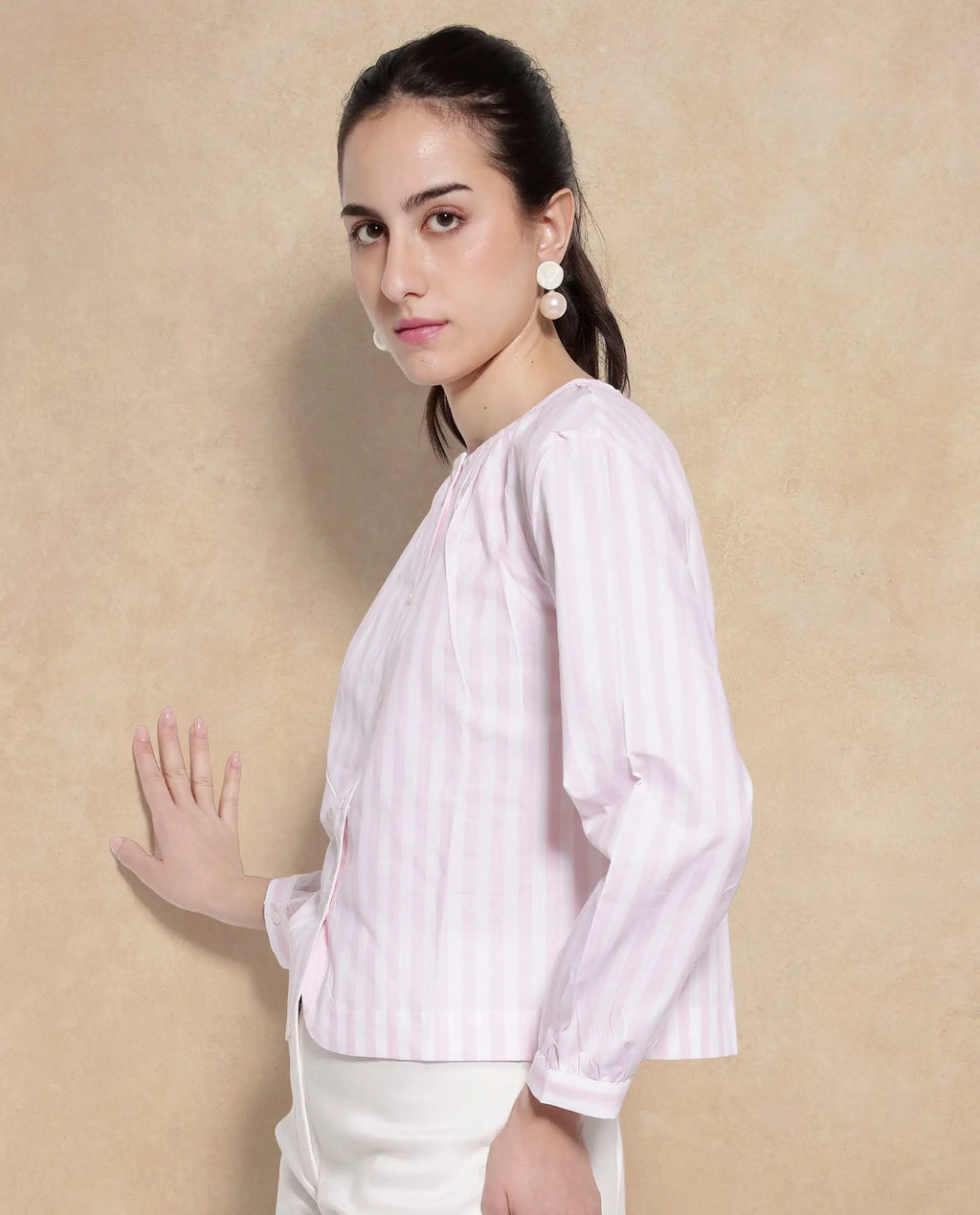 Rareism Women's Jayleon Pink Cotton Crew Neck Striped Cuffed Sleeve Regular Fit Top